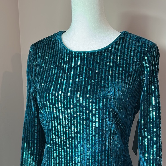 New Julia Jordan Teal Velvet Sequin Stripe Long Sleeve Sheath Party Dress Size 4 - Picture 2 of 11